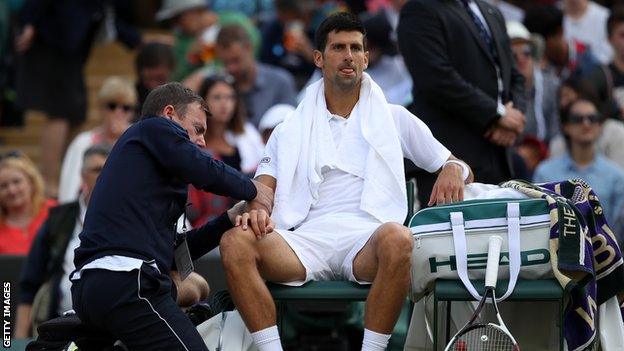 Novak Djokovic receiving treatment at Wimbledon