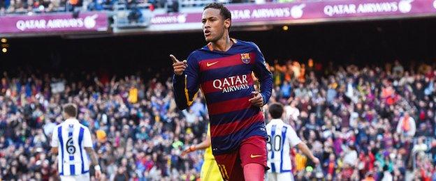 Neymar celebrates scoring for Barcelona against Real Sociedad