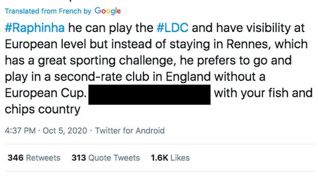 Angry tweet about Raphinha leaving Rennes for Leeds United