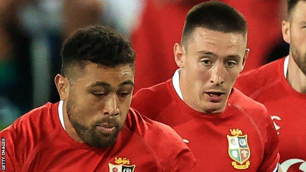 Taulupe Faletau and Josh Adams in action for the British and Irish Lions in South Africa