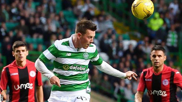 Celtic midfielder Callum McGregor heads the ball away against Lincoln Red Imps