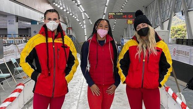 Adele Nicoll (l) and Mica Moore (c) are each hoping to join pilot Mica McNeill (r) in the women's bobsleigh for the Beijing Winter Olympics in 2022.