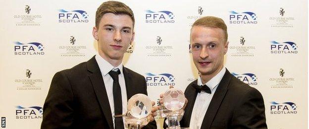 Celtic's Keiran Tierney and striker Leigh Griffiths with awards at PFA Scotland ceremony