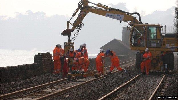 Workers repairing Dawlish coastal train line