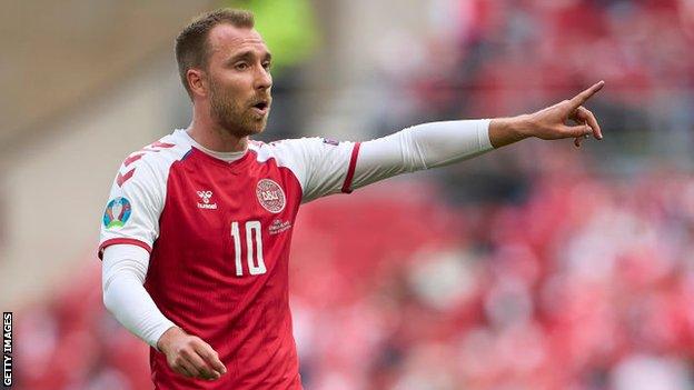 Christian Eriksen of Denmark gestures during the UEFA EURO 2020 Group B match between Denmark and Finland at Parken Stadium on June 12, 2021 in Copenhagen, Denmark.