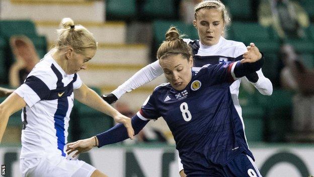 Scotland's Kim Little competes with Ria Oling during a Womens European Championship qualifier between Scotland and Finland at Easter Road on December 01, 2020