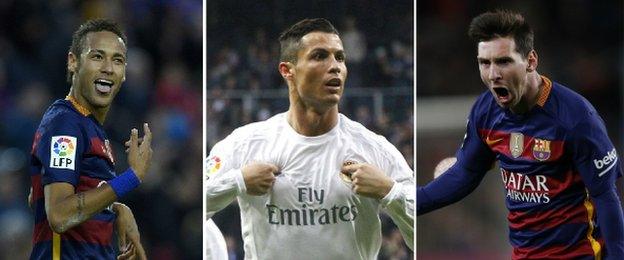 Neymar (left), Cristiano Ronaldo (centre) and Lional Messi