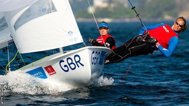 Hannah Mills and Saskia Clark competing at the Olympic Test event in Rio