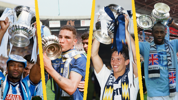 Left to right: Cyril Regis, Vinnie Jones, Gary Lineker and Yaya Toure celebrate winning the FA Cup