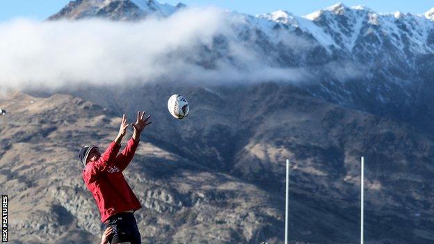 Sam Warburton claims a line-out under the mountains of Queenstown