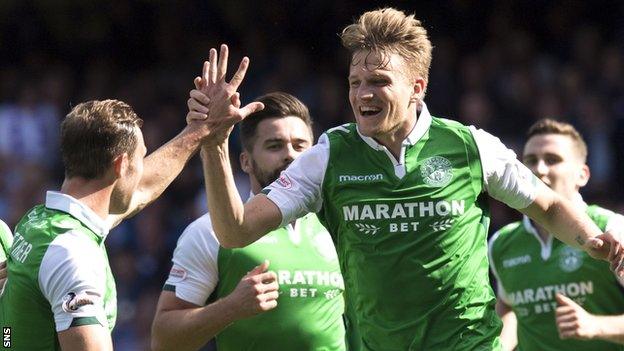 Hibs' Vykintas Slivka celebrates scoring against Rangers