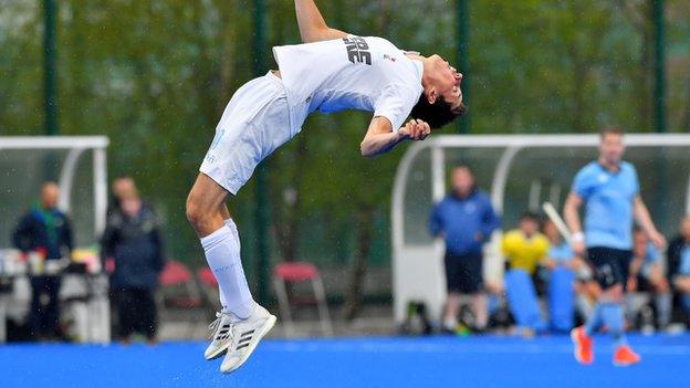 An acrobatic celebration from Ben Nelson after scoring Lisnagarvey's third goal against Monstown on Saturday