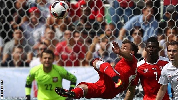 Xherdan Shaqiri equalises for Switzerland against Poland