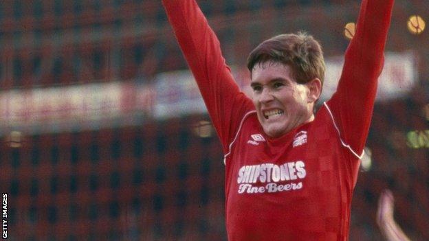 Nigel Clough celebrates a goal for Nottingham Forest