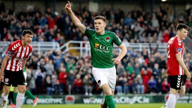 Garry Buckley celebrates scoring the opener for the Leesiders against Derry at Turner's Cross