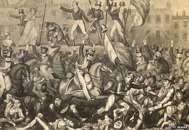 Yeomanry charging crowds in Manchester in 19th century drawing of the massacre