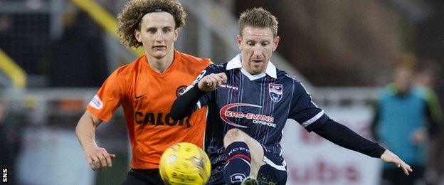 Dundee United's Aaron Kuhl and Ross County's Michael Gardyne tussle