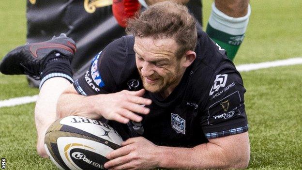 Nick Grigg scores a try for Glasgow Warriors in the first half