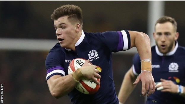 Scotland's Huw Jones takes on the Wales defence in Cardiff