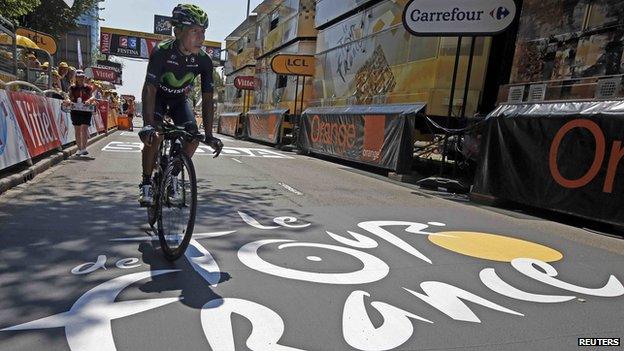 Movistar rider Nairo Quintana warms up for start of 102nd Tour De France in Utrecht