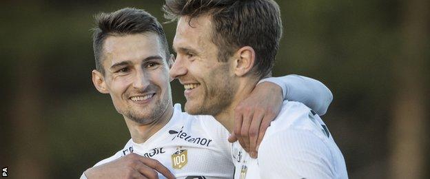 Rosenborg's Elbasan Rashani and Matthias Vilhjalmsson celebrate