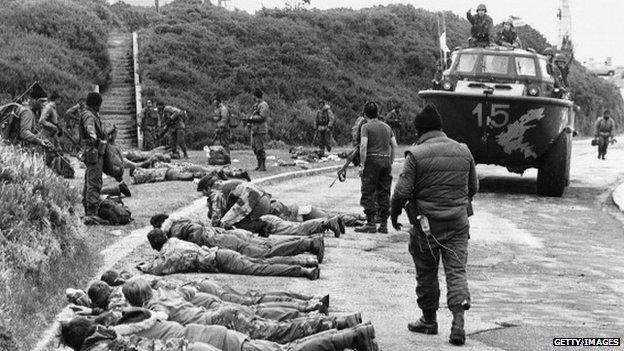 British troops surrender during the Falklands conflict