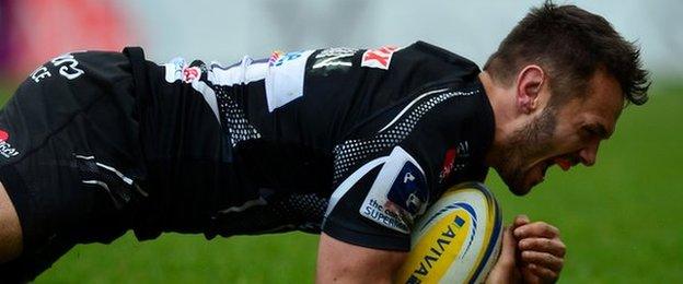 Phil Dollman went under the posts for Exeter's second try at Sandy Park