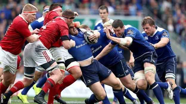 CJ Stander tackles Cian Healy during the first half of the Irish interprovincial derby at the Aviva Stadium