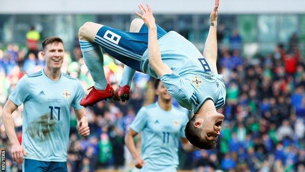 Northern Ireland's Paul Smyth celebrates in style after scoring for Northern Ireland