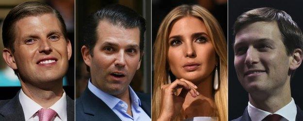 This combination of pictures shows (From L to R) recent portraits President-elect children Eric Trump, Donald Trump Jr, Ivanka Trump and her husband Jared Kushner.