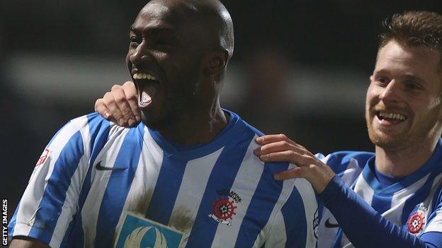 Marvin Morgan celebrates scoring for Hartlepool