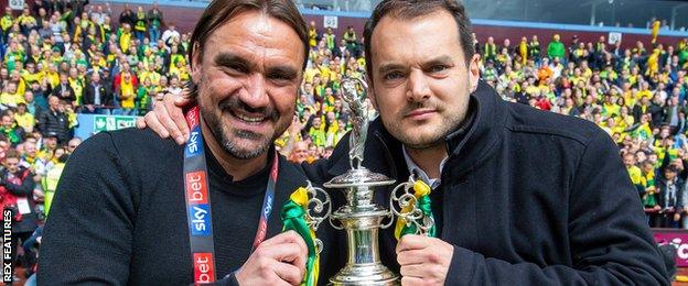 Daniel Farke (left) and Stuart Webber celebrate