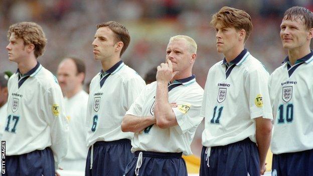 From left to right: Steve McManaman, Gareth Southgate, Paul Gascoigne, Darren Anderton and Teddy Sheringham