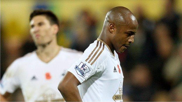 Andre Ayew looks despondent after Swansea's loss against Norwich