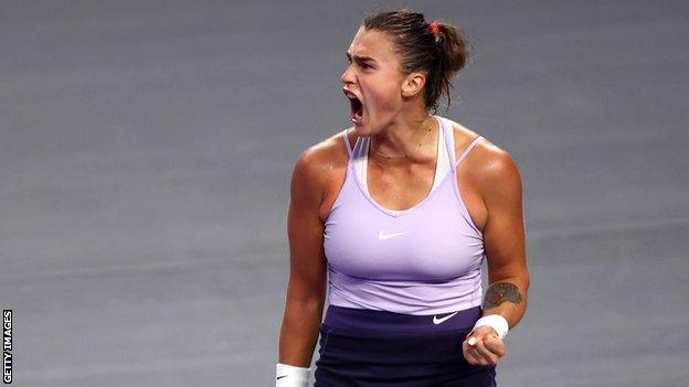 Aryna Sabalenka celebrates beating Jessica Pegula at the 2022 WTA Finals in Fort Worth, Texas