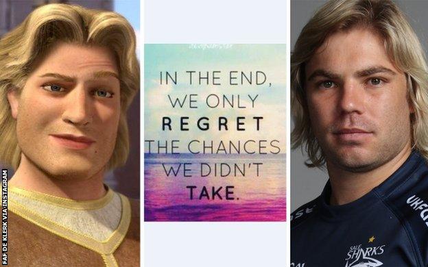 Prince Charming from Shrek, a motivational message and Faf looking serious at a Sale Sharks photoshoot