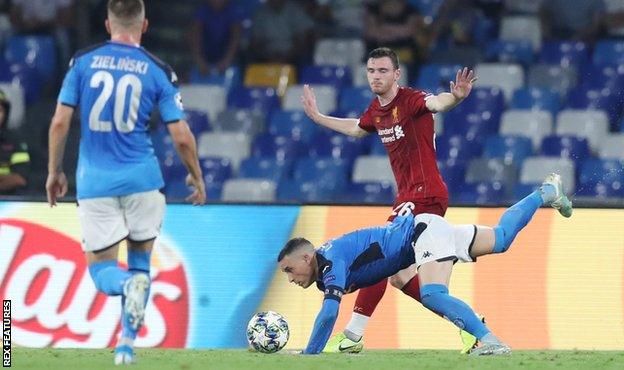 Andy Robertson was adjudged to have fouled Jose Callejon in the area and Dries Mertens put Napoli ahead from the spot