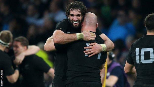 Sam Whitelock celebrates after New Zealand win the 2015 Rugby World Cup