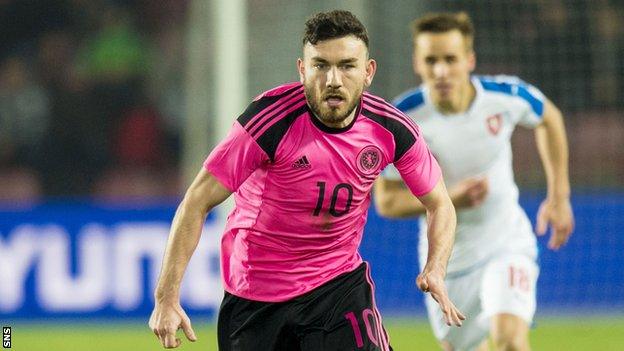 Robert Snodgrass in action for Scotland in their March friendly against Czech Republic