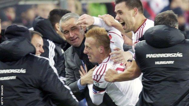 Hungary celebrate their winner in Oslo