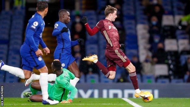 Patrick Bamford scores for Leeds against Chelsea at Stamford Bridge