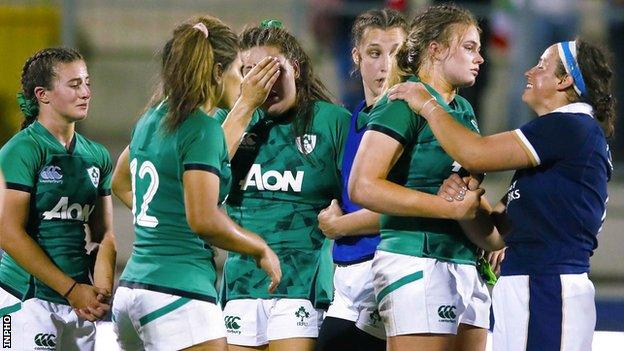 Dejection for Ireland players after the crucial qualifier defeat by Scotland