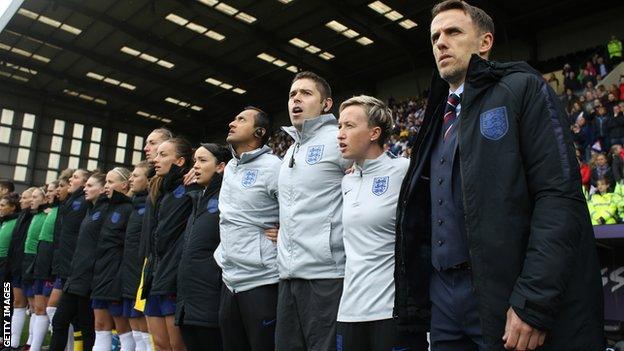 England women's manager Phil Neville, right, and the team ahead of an international against Brazil at Meadow Lane in Nottingham last October
