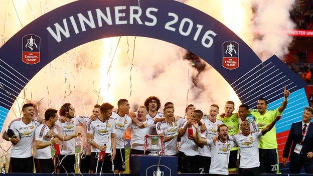 Manchester United celebrate winning the FA Cup