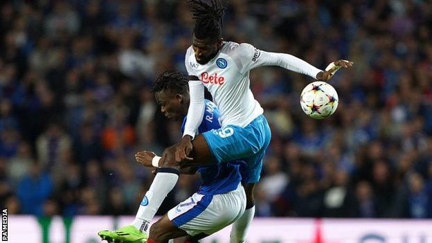 Rangers' Rabbi Matondo (left) and Napoli's Andre-Frank Zambo Anguissa battle for the ball during the UEFA Champions League Group A match at Ibrox Stadium, Glasgow