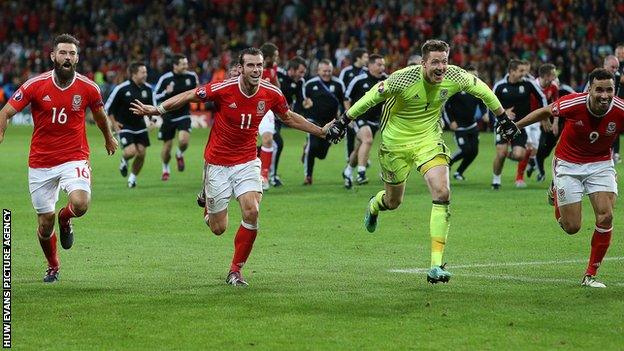 Wales players celebrate victory over Belgium