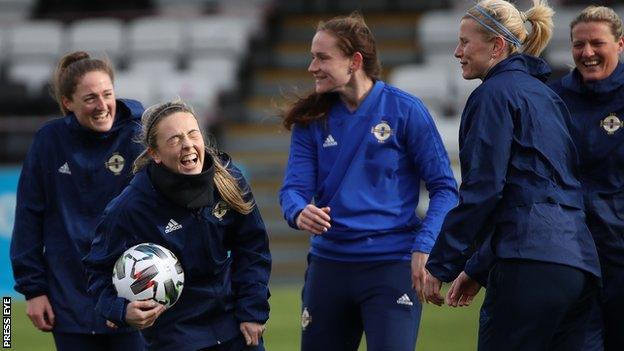 Simone Magill and Sarah McFadden share a joke