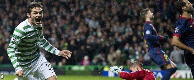 Tony Watt scores against Barcelona