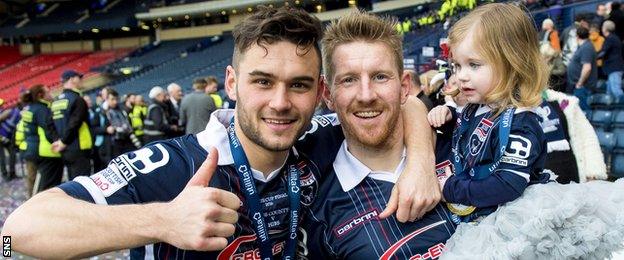 County scorers Alex Schalk and Michael Gardyne celebrate the Staggies' first major cup win