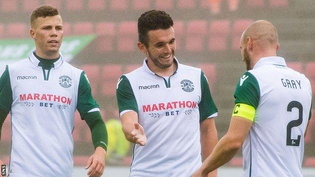 John McGinn (centre) celebrates his goal for Hibs against Runavik